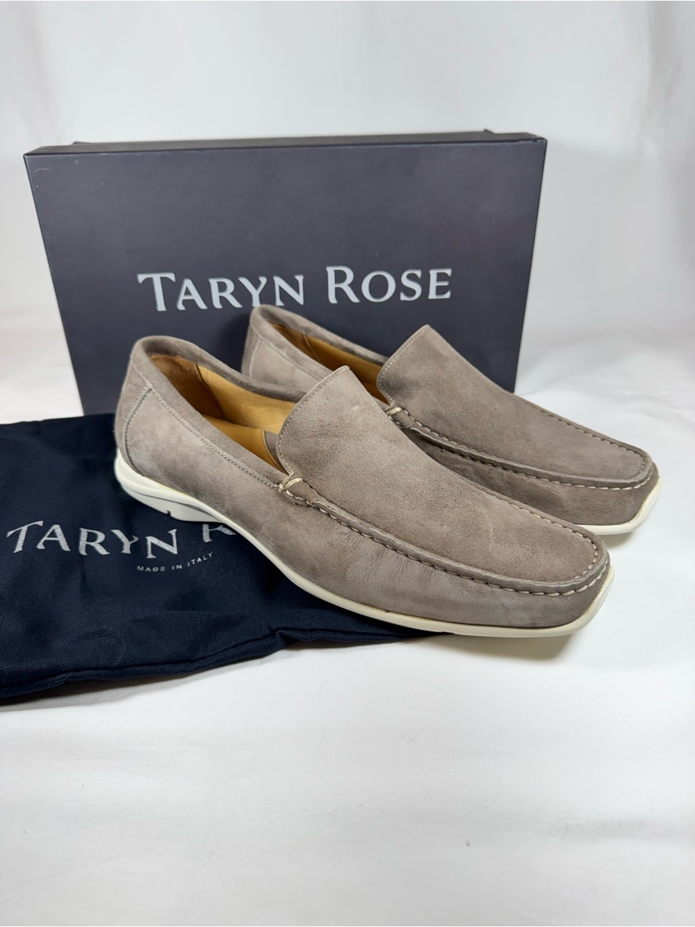 Vintage Taryn Rose Men Taupe Suede Leather Venetian Slip On Loafers EU 41.5 US 9